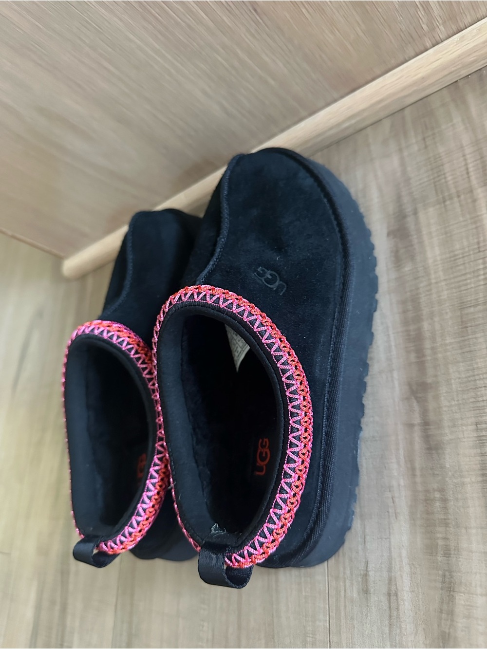 UGG Tazz Black Suede Slip-On Mules with Pink and Coral Trim